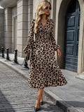 Mamo Leopar Midi Kruvaze Desenli Elbise - Mamo kadın butik elbise