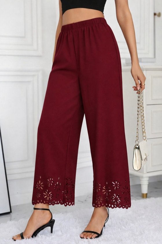Mamo Bordo Sim Detaylı Desenli Krep Pantolon - Mamo kadın butik alt giyim