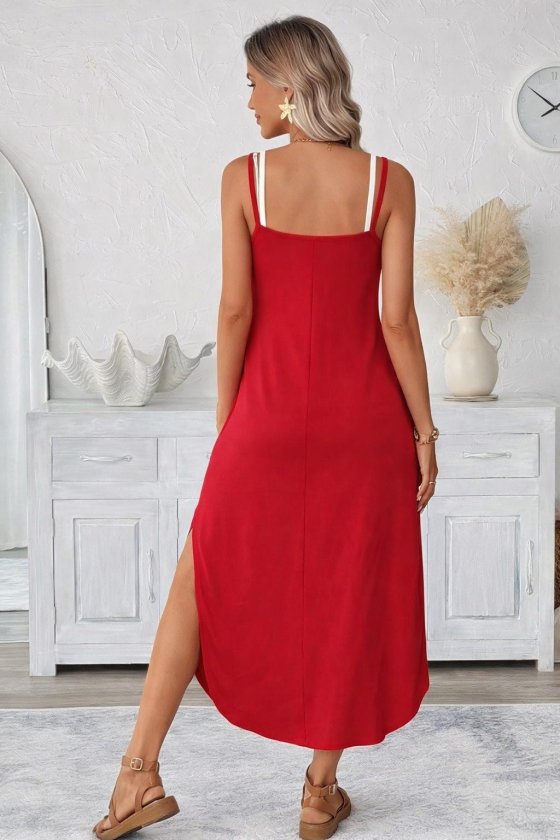 Mamo Kırmızı Uzun Askılı Cepli Elbise - Mamo kadın butik elbise