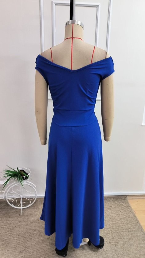 Mamo Mavi Uzun Kruvaze Krep Elbise - Mamo kadın butik elbise