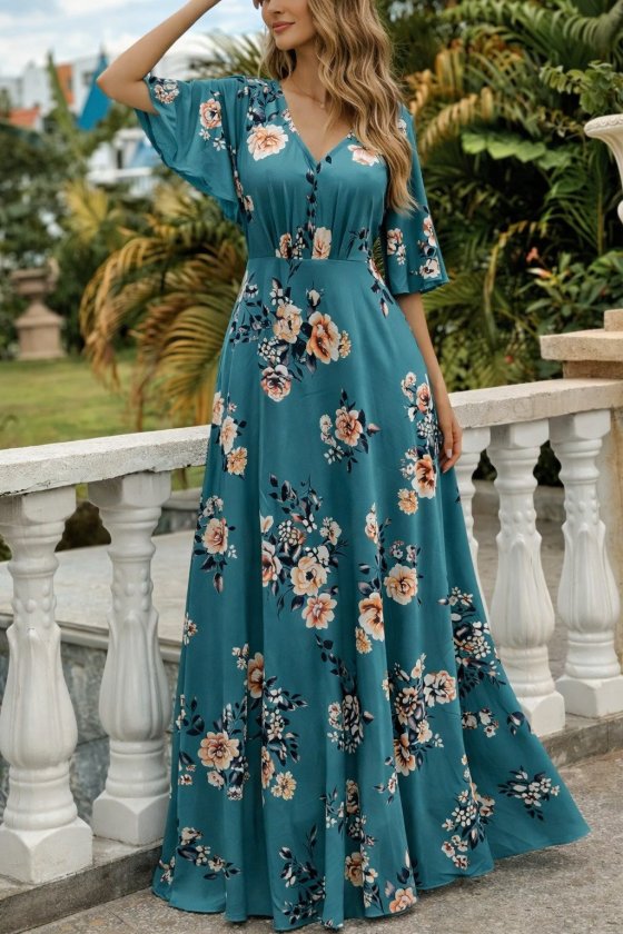 Mamo Yeşil Mini V Yaka Desenli Elbise - Mamo kadın butik elbise