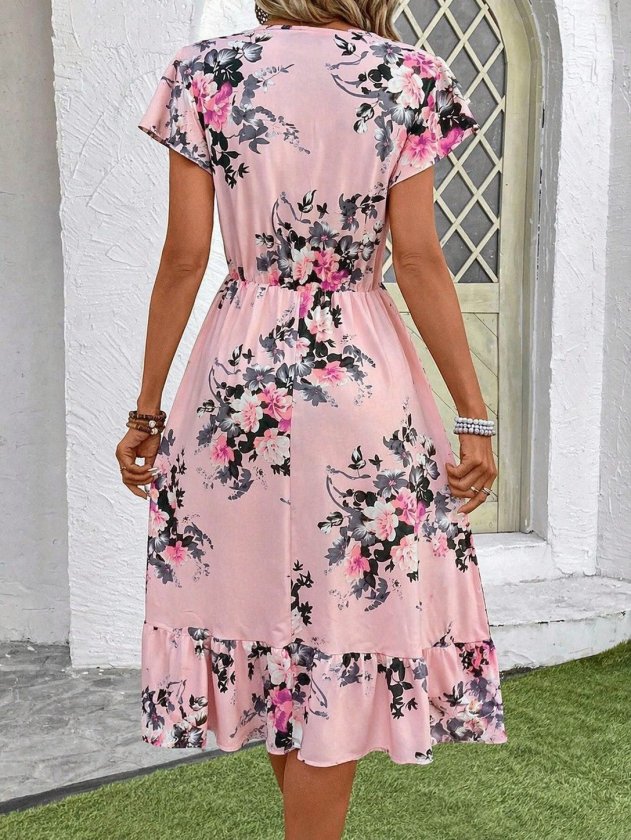 Mamo Pembe Mini V Yaka Desenli Elbise - Mamo kadın butik elbise