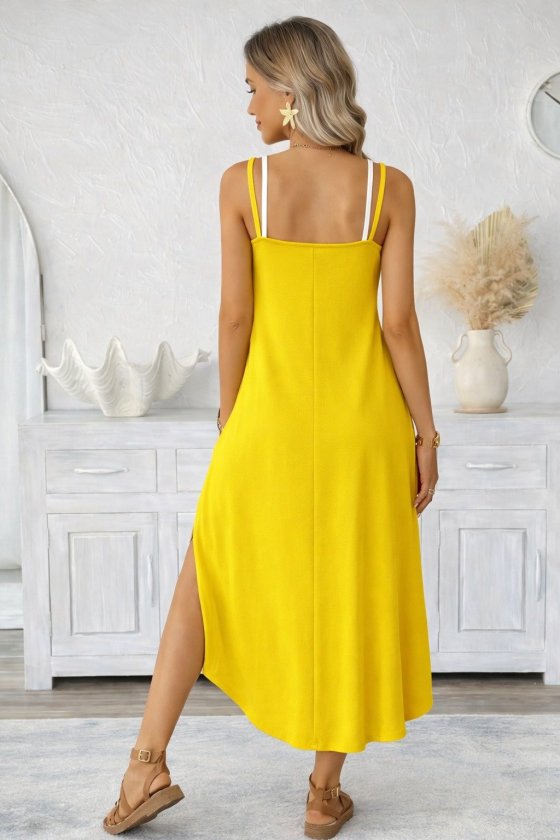 Mamo Sarı Uzun Askılı Cepli Elbise - Mamo kadın butik elbise