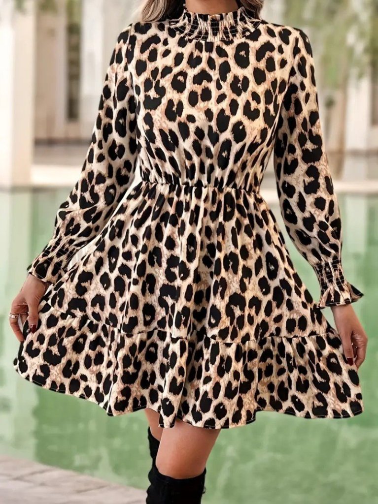 Mamo Leopar Mini Desenli Elbise - Mamo kadın butik elbise