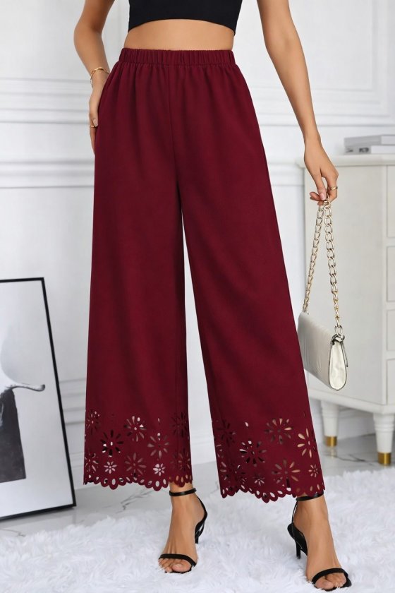 Mamo Bordo Sim Detaylı Desenli Krep Pantolon - Mamo kadın butik alt giyim