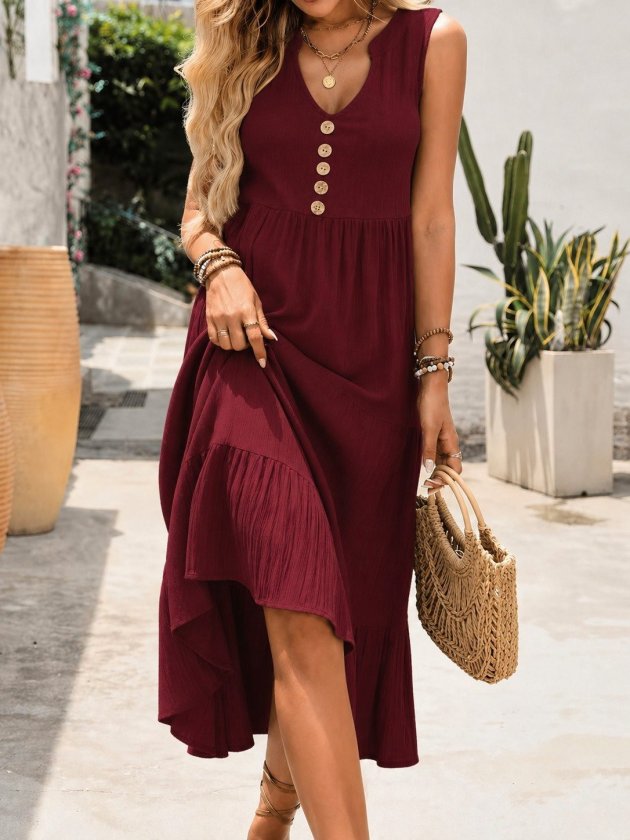 Mamo Bordo Midi Askılı V Yaka Elbise - Mamo kadın butik elbise