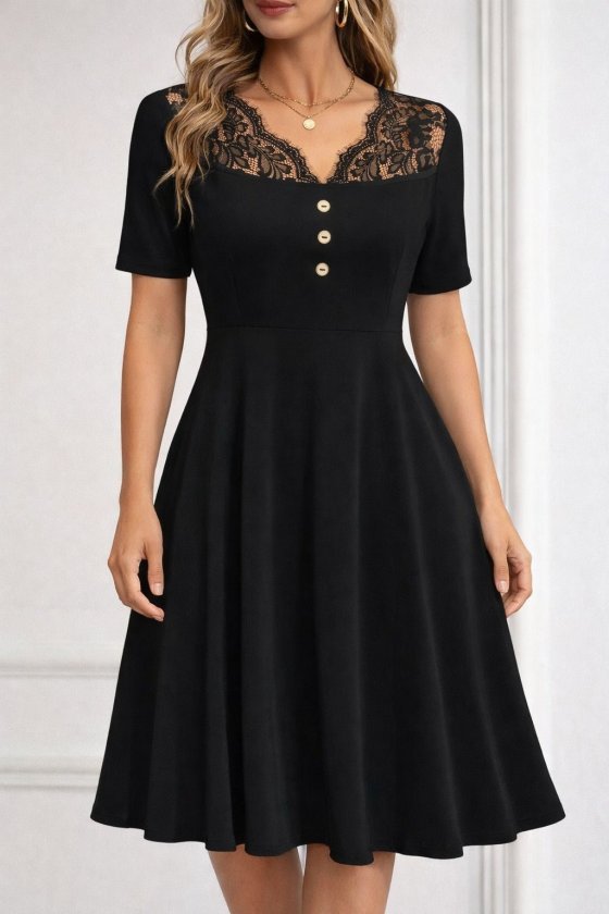 Mamo Siyah Mini V Yaka Dantel Detaylı Elbise - Mamo kadın butik elbise