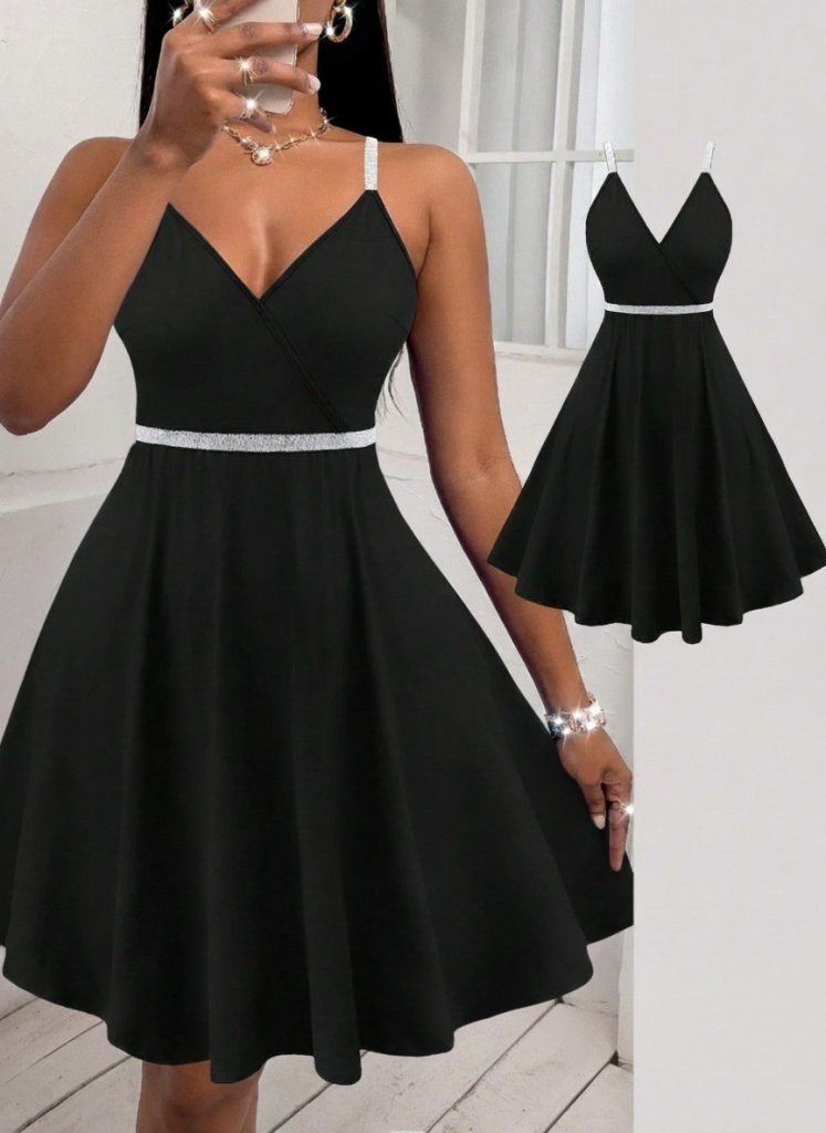 Mamo Siyah Mini V Yaka Krep Elbise - Mamo kadın butik elbise