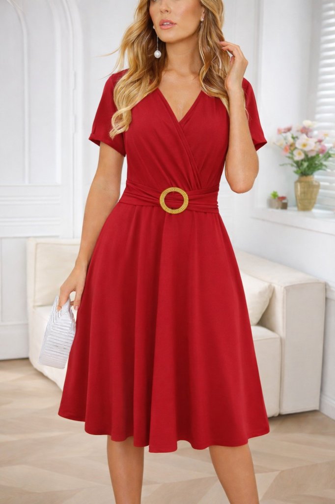 Mamo Kırmızı Mini Kruvaze Viskon Elbise - Mamo kadın butik elbise
