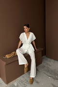 Mamo Beyaz V Yaka Bağlamalı Keten Takım - Mamo kadın butik takım