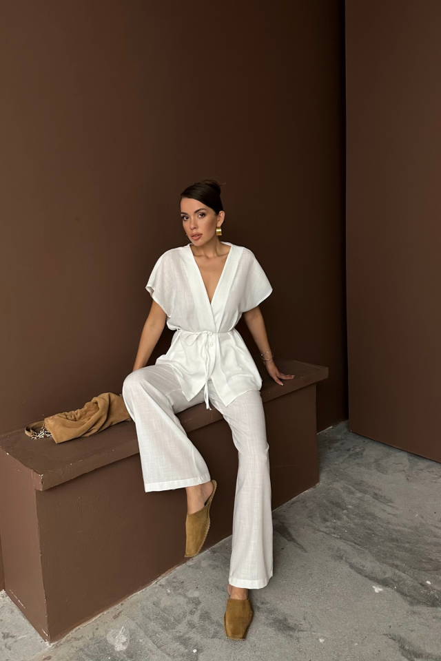 Mamo Beyaz V Yaka Bağlamalı Keten Takım - Mamo kadın butik takım