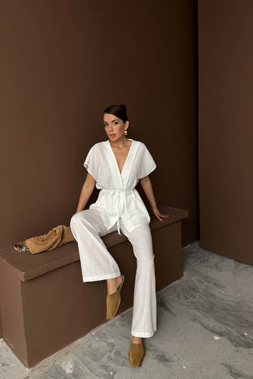 Mamo Beyaz V Yaka Bağlamalı Keten Takım - Mamo kadın butik takım