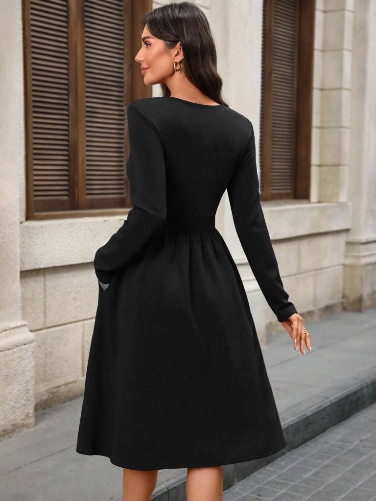 Mamo Siyah Midi V Yaka Cepli Elbise - Mamo kadın butik elbise