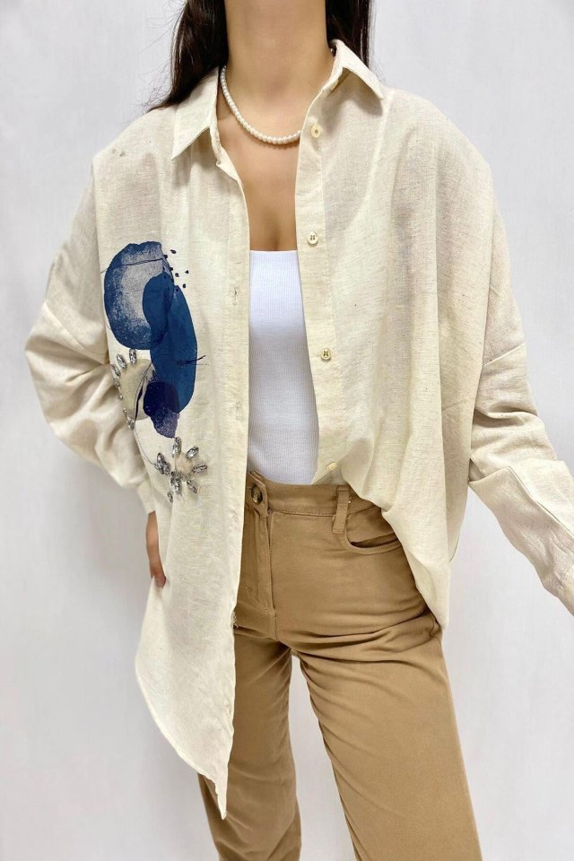 Mamo Bej Keten Bluz - Mamo kadın butik bluz