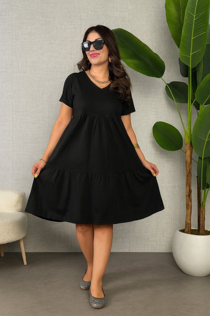 Mamo Siyah Mini V Yaka Viskon Elbise - Mamo kadın butik elbise