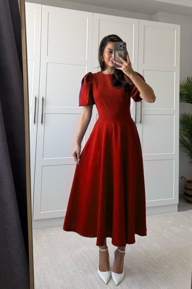 Mamo Kırmızı Mini Sim Detaylı Krep Elbise - Mamo kadın butik elbise