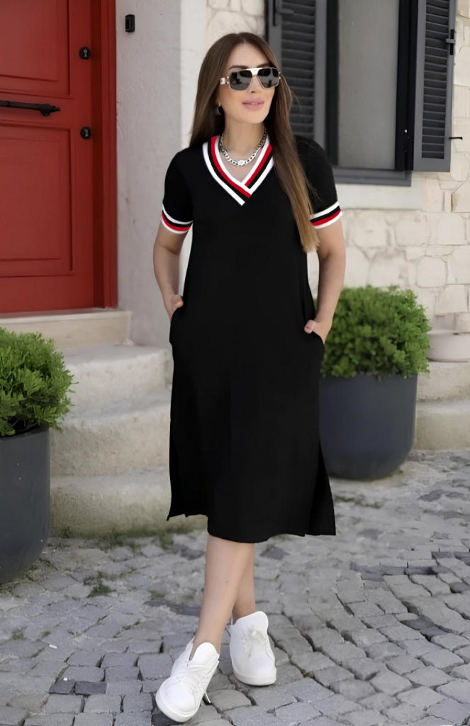 Mamo Kırmızı Mini V Yaka Viskon Elbise - Mamo kadın butik elbise