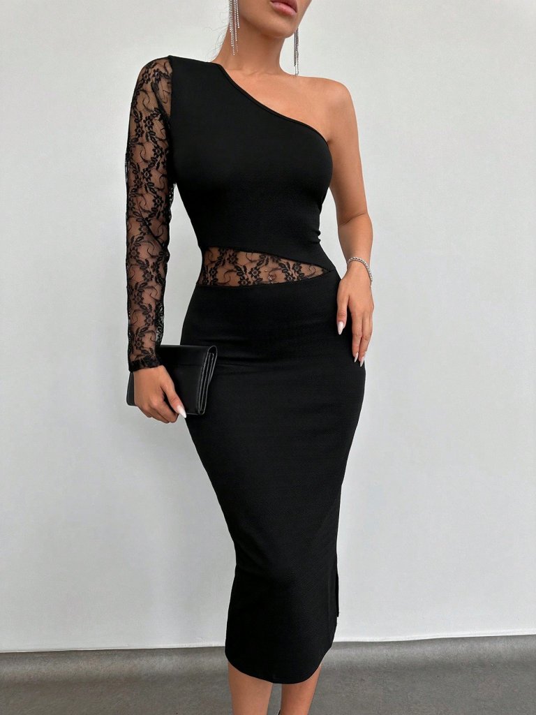 Mamo Siyah V Yaka Dekolte Detaylı Dantel Elbise - Mamo kadın butik elbise