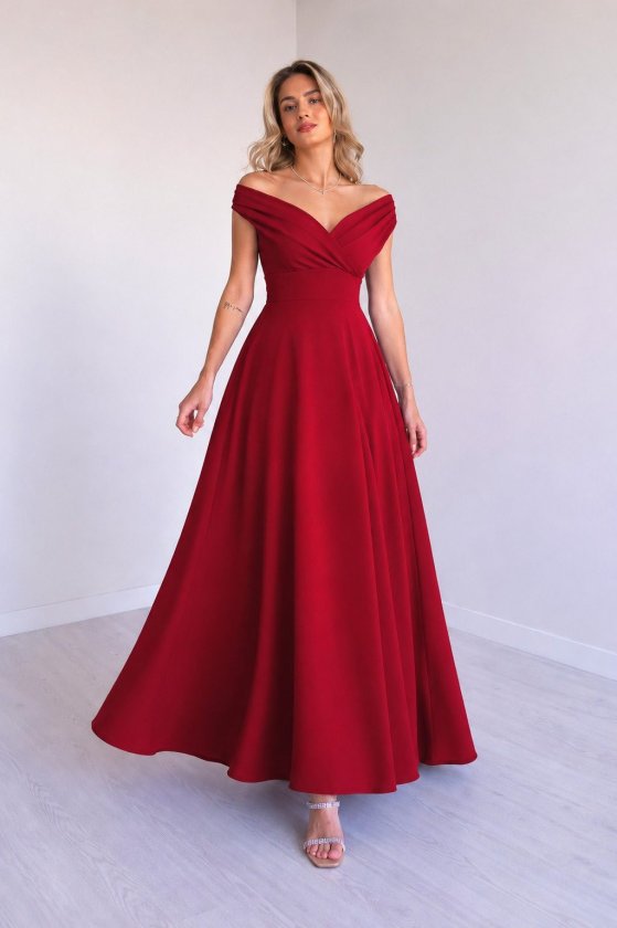 Mamo Kırmızı Uzun Kruvaze Krep Elbise - Mamo kadın butik elbise
