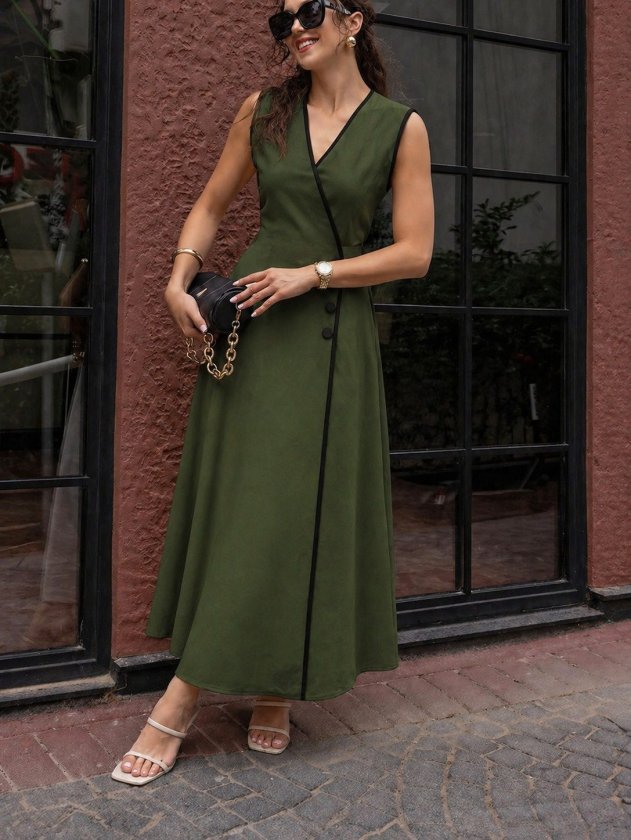 Mamo Yeşil Midi Askılı Kruvaze Elbise - Mamo kadın butik elbise