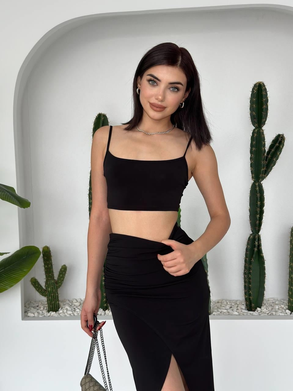 Mamo Siyah Askılı Kruvaze Takım - Mamo kadın butik takım