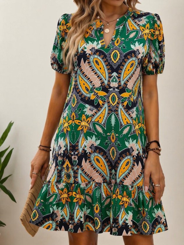 Mamo Yeşil Mini V Yaka Desenli Elbise - Mamo kadın butik elbise