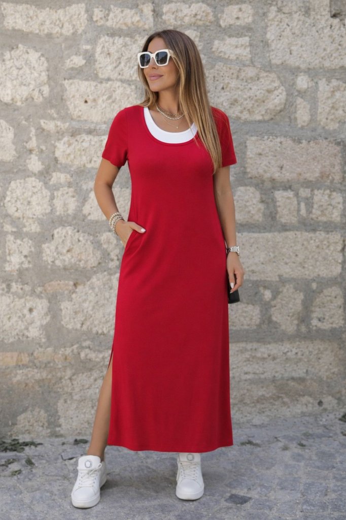 Mamo Kırmızı Yırtmaç Detaylı Viskon Elbise - Mamo kadın butik elbise