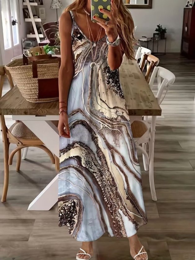 Mamo Desenli Uzun Askılı V Yaka Elbise - Mamo kadın butik elbise