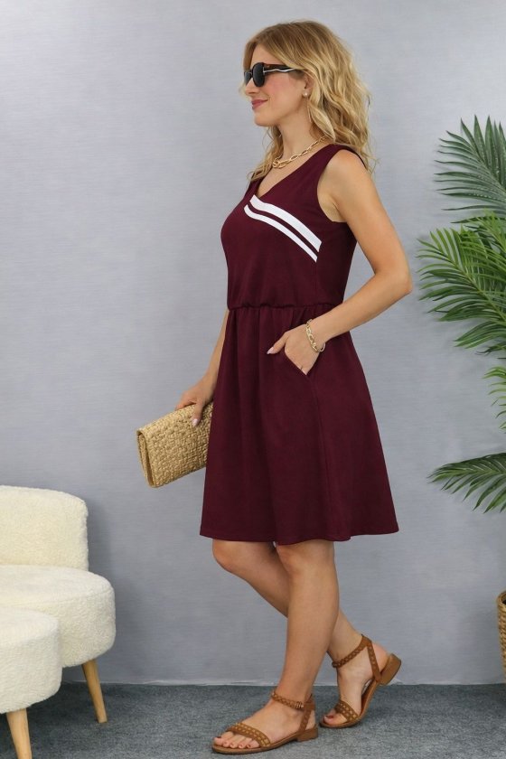 Mamo Bordo Mini Askılı V Yaka Elbise - Mamo kadın butik elbise