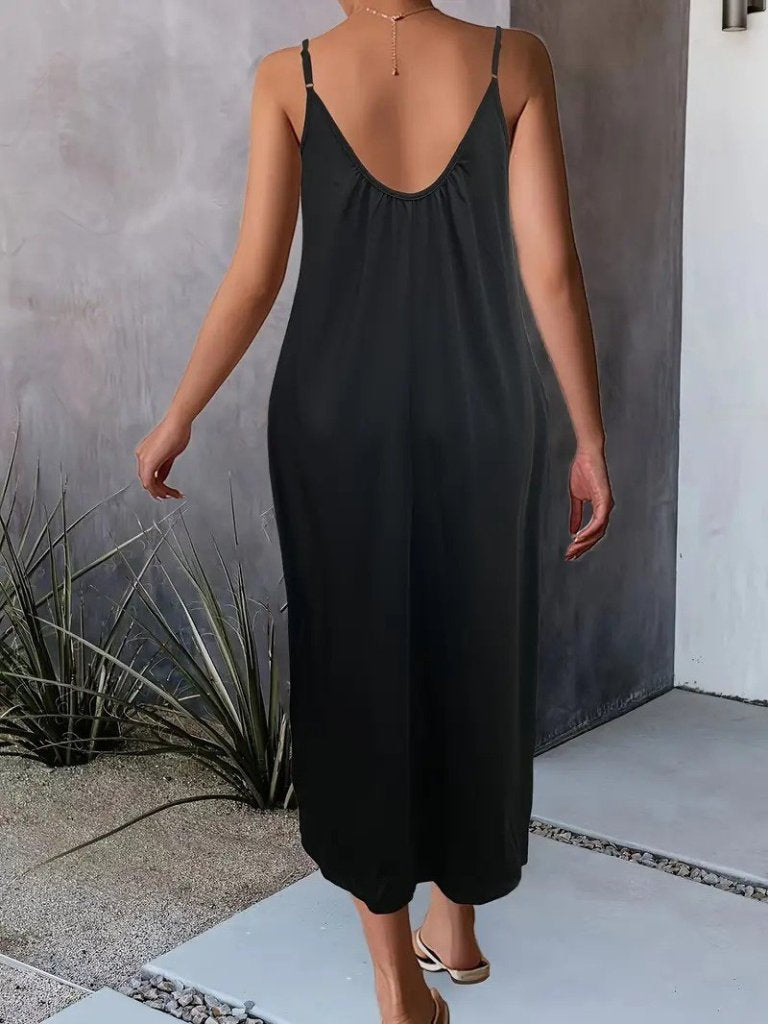 Mamo Siyah Askılı V Yaka Cepli Elbise - Mamo kadın butik elbise