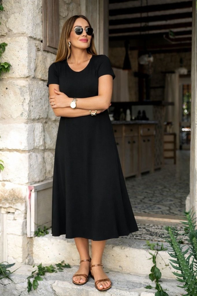 Mamo Siyah Mini V Yaka Viskon Elbise - Mamo kadın butik elbise