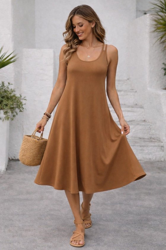 Mamo Kahve Uzun Askılı Viskon Elbise - Mamo kadın butik elbise