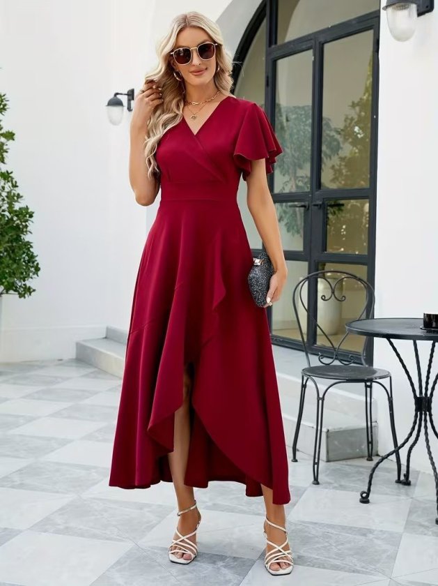 Mamo Kırmızı Mini Kruvaze Sim Detaylı Elbise - Mamo kadın butik elbise