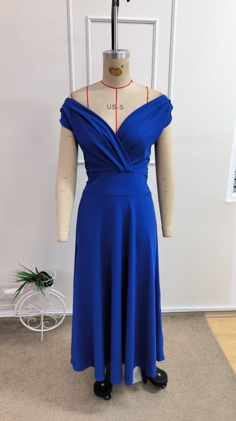 Mamo Mavi Uzun Kruvaze Krep Elbise - Mamo kadın butik elbise