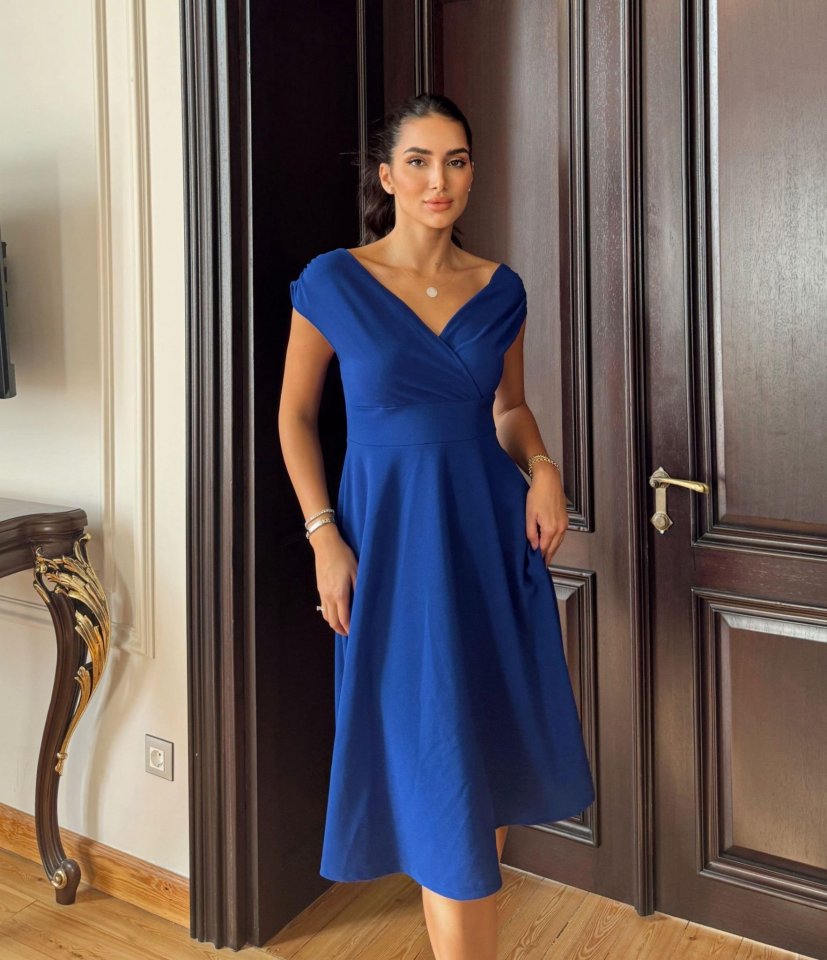 Mamo Mavi Mini Kruvaze Krep Elbise - Mamo kadın butik elbise