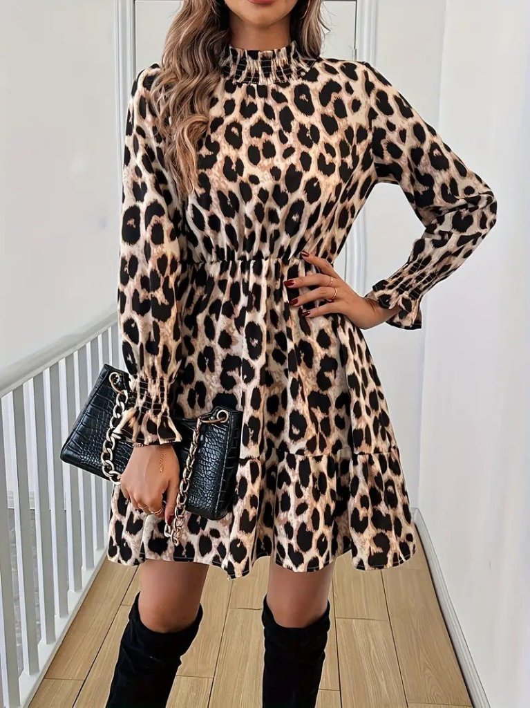Mamo Leopar Mini Desenli Elbise - Mamo kadın butik elbise