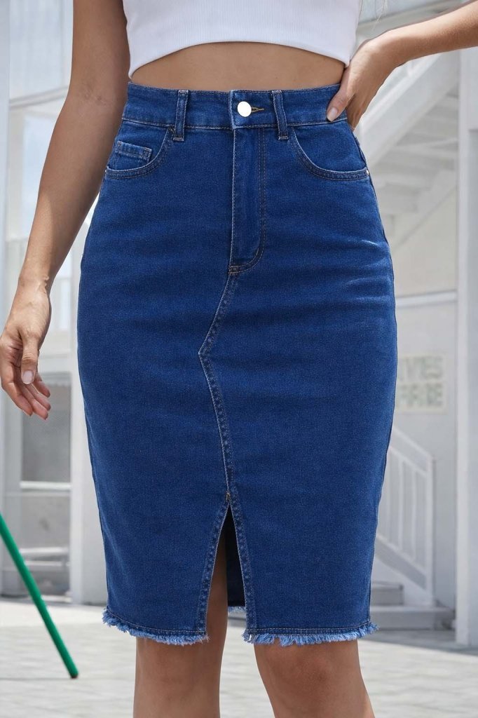 Mamo Mavi Yırtmaç Detaylı Etek - Mamo kadın butik alt giyim
