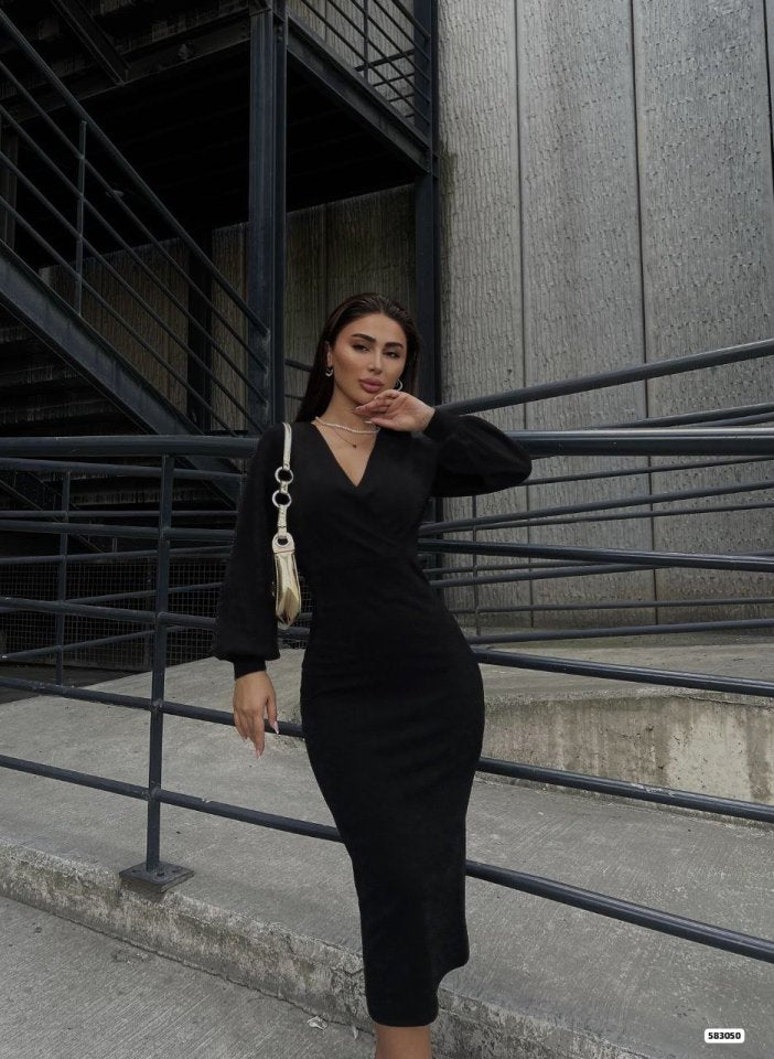 Mamo Siyah Uzun Kruvaze Krep Elbise - Mamo kadın butik elbise