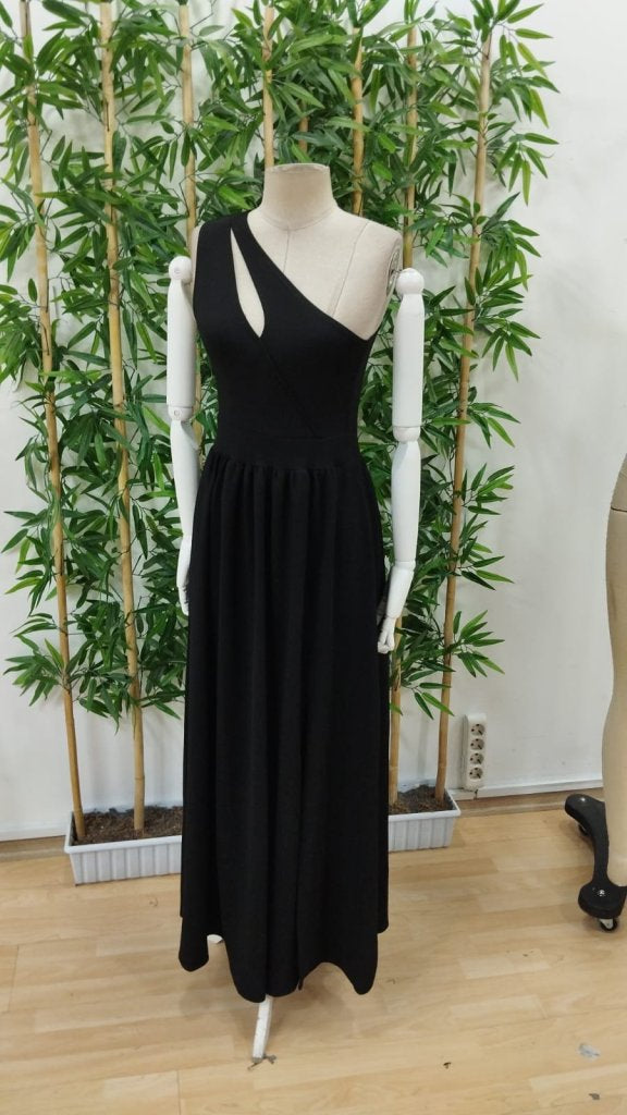Mamo Siyah Uzun Yırtmaç Detaylı Sim Detaylı Elbise - Mamo kadın butik elbise