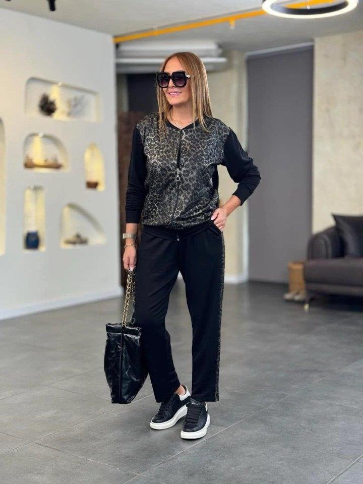 Mamo Siyah Leopar Desenli Viskon Takım - Mamo kadın butik takım