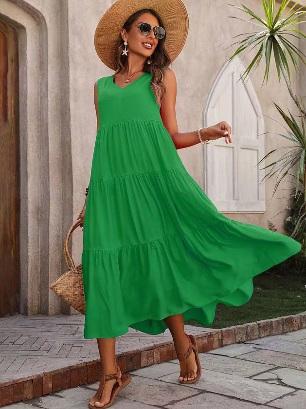 Mamo Yeşil Uzun Askılı V Yaka Elbise - Mamo kadın butik elbise
